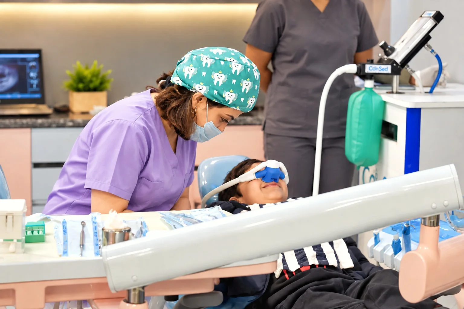 Child relaxing with laughing gas at Bubbles Dental Gurgaon